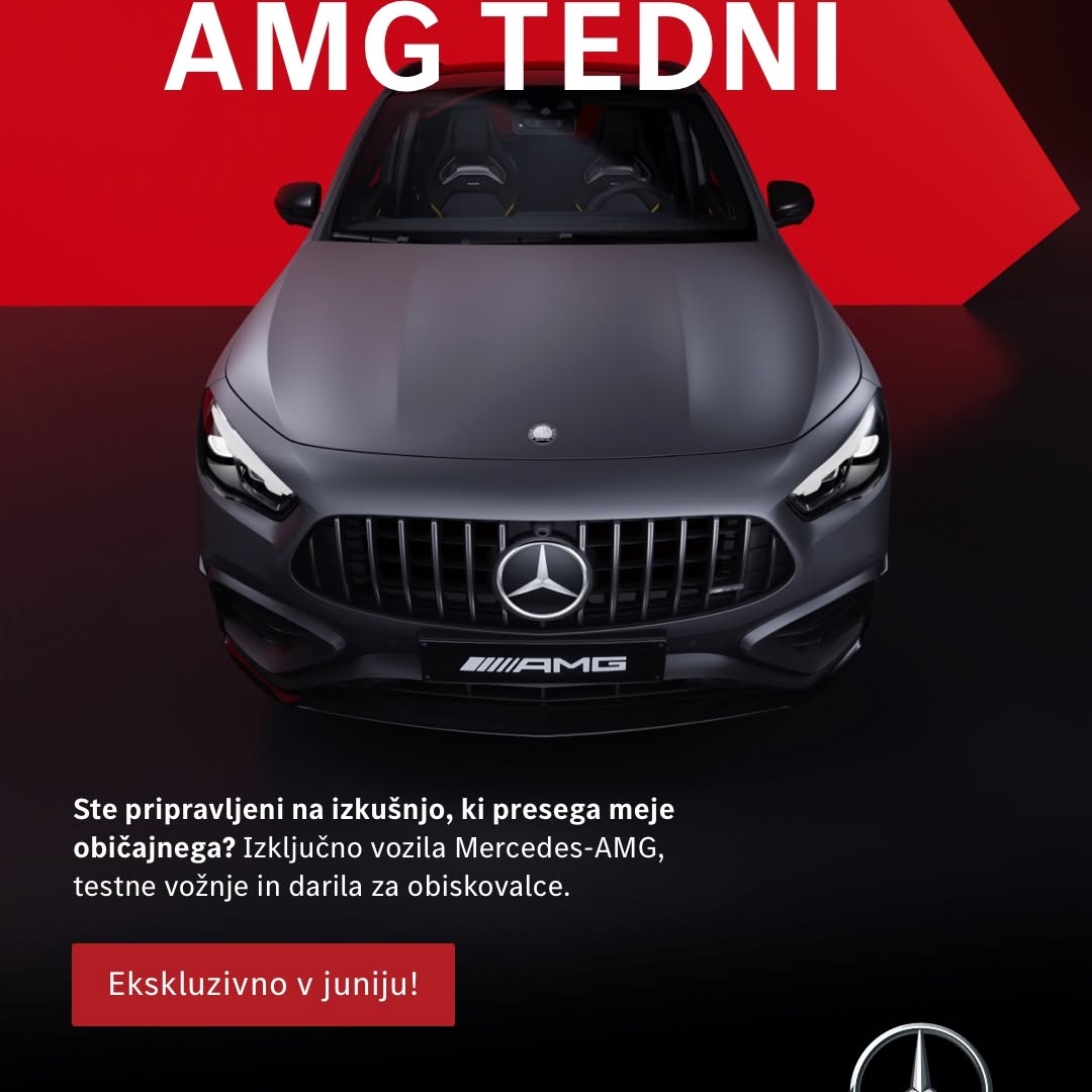 Pridružite se nam na AMG tednih in odkrijte pravo moč vozil Mercedes-AMG 

📅 Kje in kdaj?
 • Avtoplus Koper: 9. - 14. junij
 • Emil Frey Avtocenter Ljubljana: 17. - 21. junij
 • ASP Lesce: 23. - 28. junij